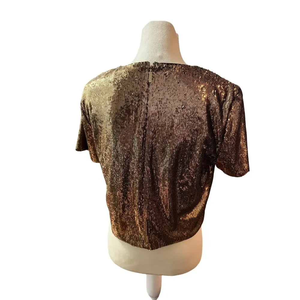 Michael Kors Antique Gold Sequin Short Sleeve Crew Neck Top, Women's Medium, NWT